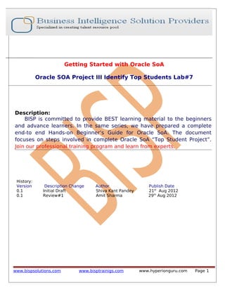 Getting Started with Oracle SoA
Oracle SOA Project III Identify Top Students Lab#7
Description:
BISP is committed to provide BEST learning material to the beginners
and advance learners. In the same series, we have prepared a complete
end-to end Hands-on Beginner’s Guide for Oracle SoA. The document
focuses on steps involved in complete Oracle SoA “Top Student Project”.
Join our professional training program and learn from experts.
History:
Version Description Change Author Publish Date
0.1 Initial Draft Shiva Kant Pandey 21st
Aug 2012
0.1 Review#1 Amit Sharma 29th
Aug 2012
www.bispsolutions.com www.bisptrainigs.com www.hyperionguru.com Page 1
 