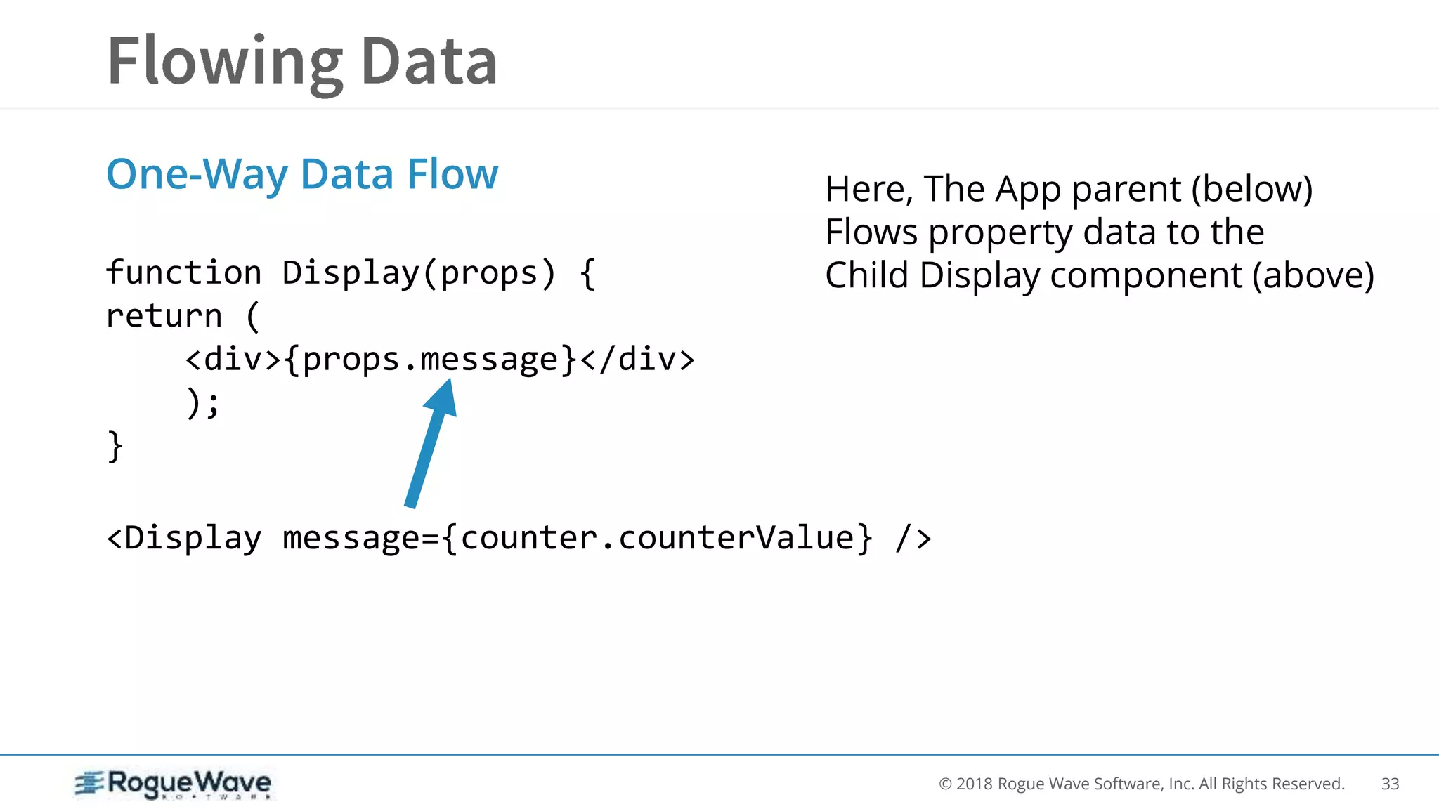33© 2018 Rogue Wave Software, Inc. All Rights Reserved.
One-Way Data Flow
function Display(props) {
return (
<div>{props.message}</div>
);
}
<Display message={counter.counterValue} />
Here, The App parent (below)
Flows property data to the
Child Display component (above)
 