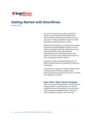 Getting Started with SmartDraw
February, 2011




                                                             Just as the word processor makes it possible for
                                                             anyone to create beautifully formatted written
                                                             documentation, SmartDraw, the world’s the visual
                                                             processorTM, makes it possible for anyone to create
                                                             presentation-quality visuals just as easily.

                                                             Before the visual processor, visuals had to be created
                                                             manually with complex graphics software. Even for
                                                             experts, producing a visual like a flowchart was time
                                                             consuming and the results were often not
                                                             presentation-quality. SmartDraw automates the
                                                             creation of visuals to such a degree that anyone can
                                                             do it, and get great results in minutes.

                                                             SmartDraw includes specialized templates for 70
                                                             different types of visuals. Everything from flowcharts
                                                             to floorplans.

                                                             To get started, simply pick the right template and the
                                                             visual processor will help you quickly create,
                                                             automatically format, and easily share your visual with
                                                             your colleagues and clients.



                                                             Start with a Basic Visual Template
                                                             When you first open SmartDraw, you’ll notice that the
                                                             category Popular is selected and you can choose a
                                                             template from one of SmartDraw’s most commonly
                                                             used visual types including flowcharts, floor plans,
                                                             charts and graphs, org charts, and mind maps.




1   www.smartdraw.com 858-225-3300 ©2011 SmartDraw, LLC. All rights reserved.
 