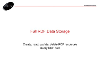 Full RDF Data Storage Create, read, update, delete RDF resources Query RDF data 
