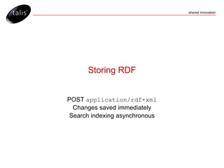 Storing RDF POST  application/rdf+xml Changes saved immediately Search indexing asynchronous 