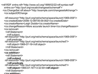 <rdf:RDF xmlns:rdf="http://www.w3.org/1999/02/22-rdf-syntax-ns#"  xmlns:cs="http://purl.org/vocab/changeset/schema#"> <cs:ChangeSet rdf:about="http://example.com/changesets#change"> <cs:subjectOfChange  rdf:resource="http://purl.org/net/schema/space/launch/1969-059"/> <cs:createdDate>2008-12-08T00:00:00Z</cs:createdDate> <cs:creatorName>Leigh Dodds</cs:creatorName> <cs:changeReason>More accurate launch time</cs:changeReason> <cs:removal> <rdf:Statement> <rdf:subject rdf:resource="http://purl.org/net/schema/space/launch/1969-059"/> <rdf:predicate rdf:resource="http://purl.org/net/schema/space/launched"/> <rdf:object>1969-07-16</rdf:object> </rdf:Statement> </cs:removal> < cs:addition > <rdf:Statement> < rdf:subject  rdf:resource="http://purl.org/net/schema/space/launch/1969-059"/> < rdf:predicate  rdf:resource="http://purl.org/net/schema/space/launched"/> < rdf:object >1969-07-16T13:32:00</ rdf:object > </rdf:Statement> </ cs:addition > </cs:ChangeSet> </rdf:RDF> 