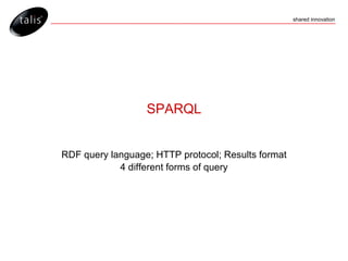 SPARQL RDF query language; HTTP protocol; Results format 4 different forms of query 