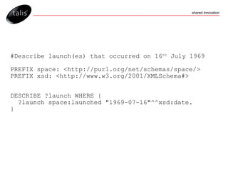 #Describe launch(es) that occurred on 16 th  July 1969 PREFIX space: <http://purl.org/net/schemas/space/> PREFIX xsd: <http://www.w3.org/2001/XMLSchema#> DESCRIBE ?launch WHERE { ?launch space:launched "1969-07-16"^^xsd:date. } 