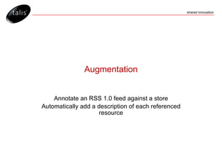 Augmentation Annotate an RSS 1.0 feed against a store Automatically add a description of each referenced resource 