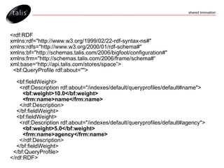 <rdf:RDF  xmlns:rdf="http://www.w3.org/1999/02/22-rdf-syntax-ns#" xmlns:rdfs="http://www.w3.org/2000/01/rdf-schema#" xmlns:bf="http://schemas.talis.com/2006/bigfoot/configuration#" xmlns:frm="http://schemas.talis.com/2006/frame/schema#“ xml:base=“http://api.talis.com/stores/space”> <bf:QueryProfile rdf:about=""> <bf:fieldWeight> <rdf:Description rdf:about="/indexes/default/queryprofiles/default#name"> <bf:weight>10.0</bf:weight> <frm:name>name</frm:name> </rdf:Description> </bf:fieldWeight> <bf:fieldWeight> <rdf:Description rdf:about="/indexes/default/queryprofiles/default#agency"> <bf:weight>5.0</bf:weight> <frm:name>agency</frm:name> </rdf:Description> </bf:fieldWeight> </bf:QueryProfile> </rdf:RDF> 