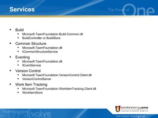 Services Build Microsoft.TeamFoundation.Build.Common.dll BuildController or BuildStore Common Structure Microsoft.TeamFoundation.dll ICommonStructureService Eventing Microsoft.TeamFoundation.dll IEventService Version Control Microsoft.TeamFoundation.VersionControl.Client.dll VersionControlServer Work Item Tracking Microsoft.TeamFoundation.WorkItemTracking.Client.dll WorkItemStore 