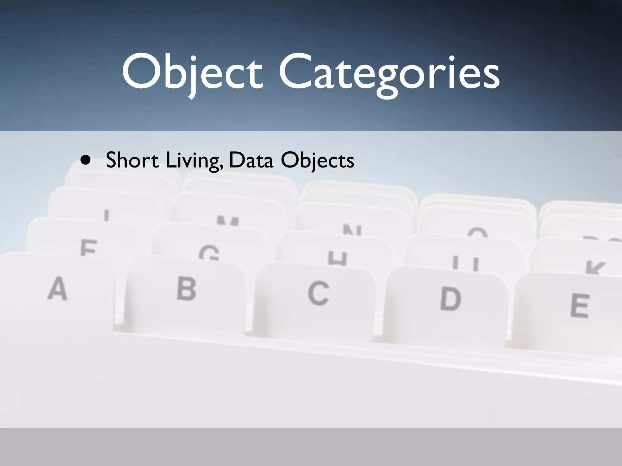 Object Categories
•   Short Living, Data Objects
 