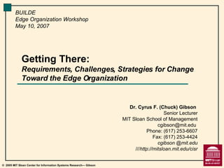 Getting There: Requirements, Challenges, Strategies for Change Toward the Edge Organization Dr. Cyrus F. (Chuck) Gibson  Senior Lecturer  MIT Sloan School of Management cgibson@mit.edu  Phone: (617) 253-6607 Fax: (617) 253-4424 cgibson @mit.edu /// http://mitsloan.mit.edu/cisr BUILDE Edge Organization Workshop May 10, 2007 