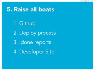 caseorganic.com
5. Raise all boats
1. Github
2. Deploy process
3. !done reports
4. Developer Site
 