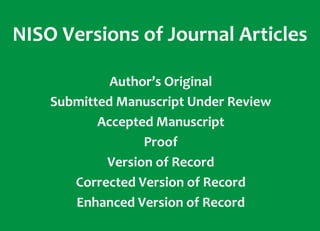 NISO Versions of Journal Articles
Author’s Original
Submitted Manuscript Under Review
Accepted Manuscript
Proof
Version of Record
Corrected Version of Record
Enhanced Version of Record
 