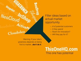 oxDro CH ol
         CR
 ula


          GIG CH
           UN
    r




            BoxDr
        Sho
    InpSlar
             ACR
             ShUo
               p
        u
Cloud hop
                 Npo
             InS

                  Sho
                  o
  Neoc l


                                    p
                                               Filter ideas based on
    ACiou
       t ve d   hop                            actual market

                     a
                      poo
            Molsh                              opportunity.
          o Active

                          la
Clo udole         Mol                              ‣   # of potential customers

                      sh                           ‣   $ they spend

      Clou  doleo                                  ‣
                                                   ‣
                                                       Room for innovation?
                                                       Will they pay for it?

                    Warning: If your idea’s
              greatness depends on being
               ﬁrst to market...don’t do it.

                                               ThisOneHQ.com
                                               This one has potential
 