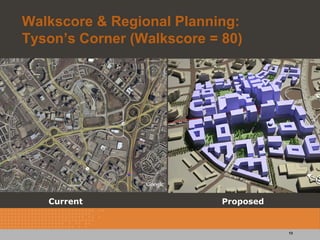 Walkscore & Regional Planning:
Tyson’s Corner (Walkscore = 80)




   Current                  Proposed


                                       13
 