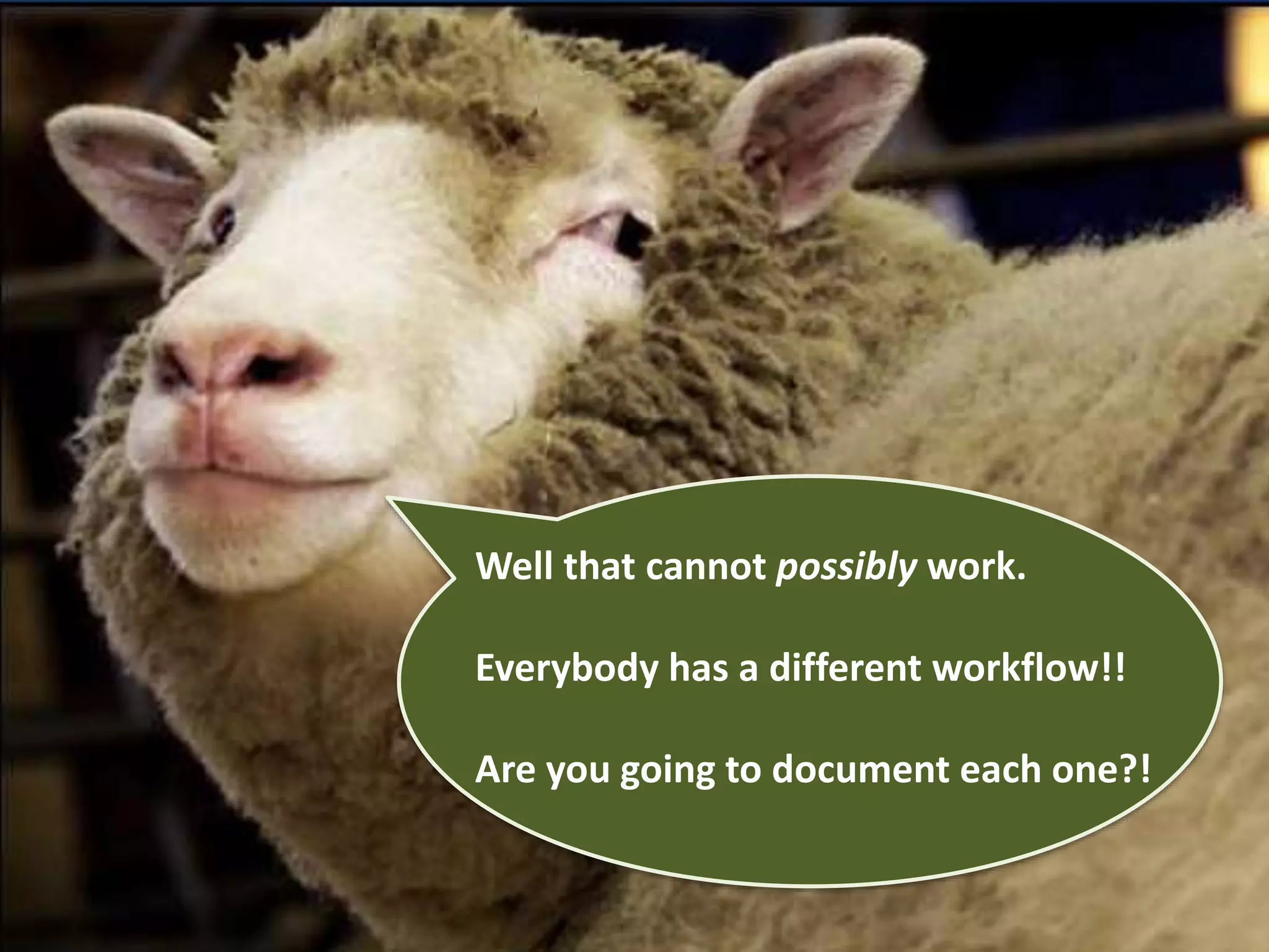 Well that cannot possibly work. 
Everybody has a different workflow!! 
Are you going to document each one?! 
 