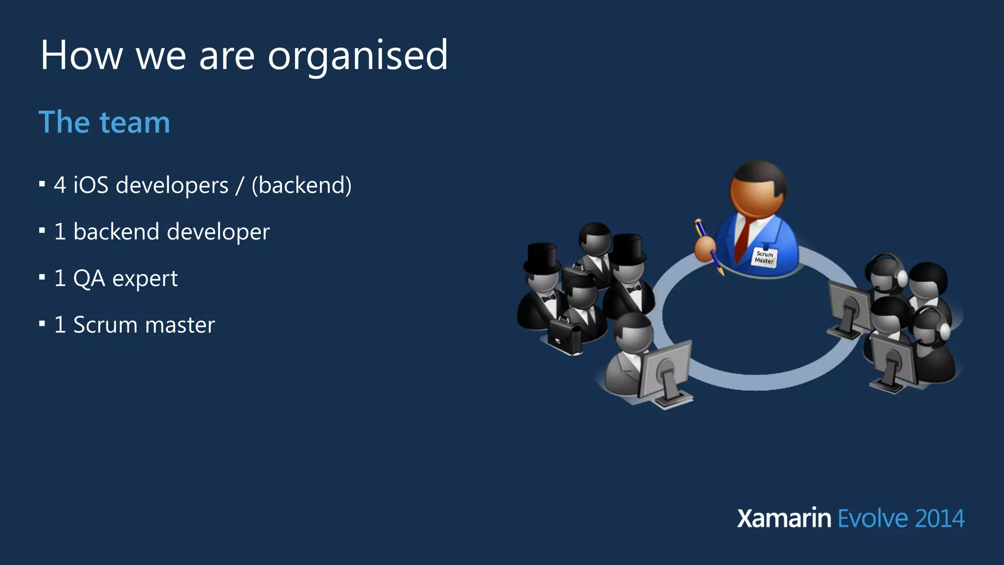 How we are organised 
The team 
■ 4 iOS developers / (backend) 
■ 1 backend developer 
■ 1 QA expert 
■ 1 Scrum master 
 