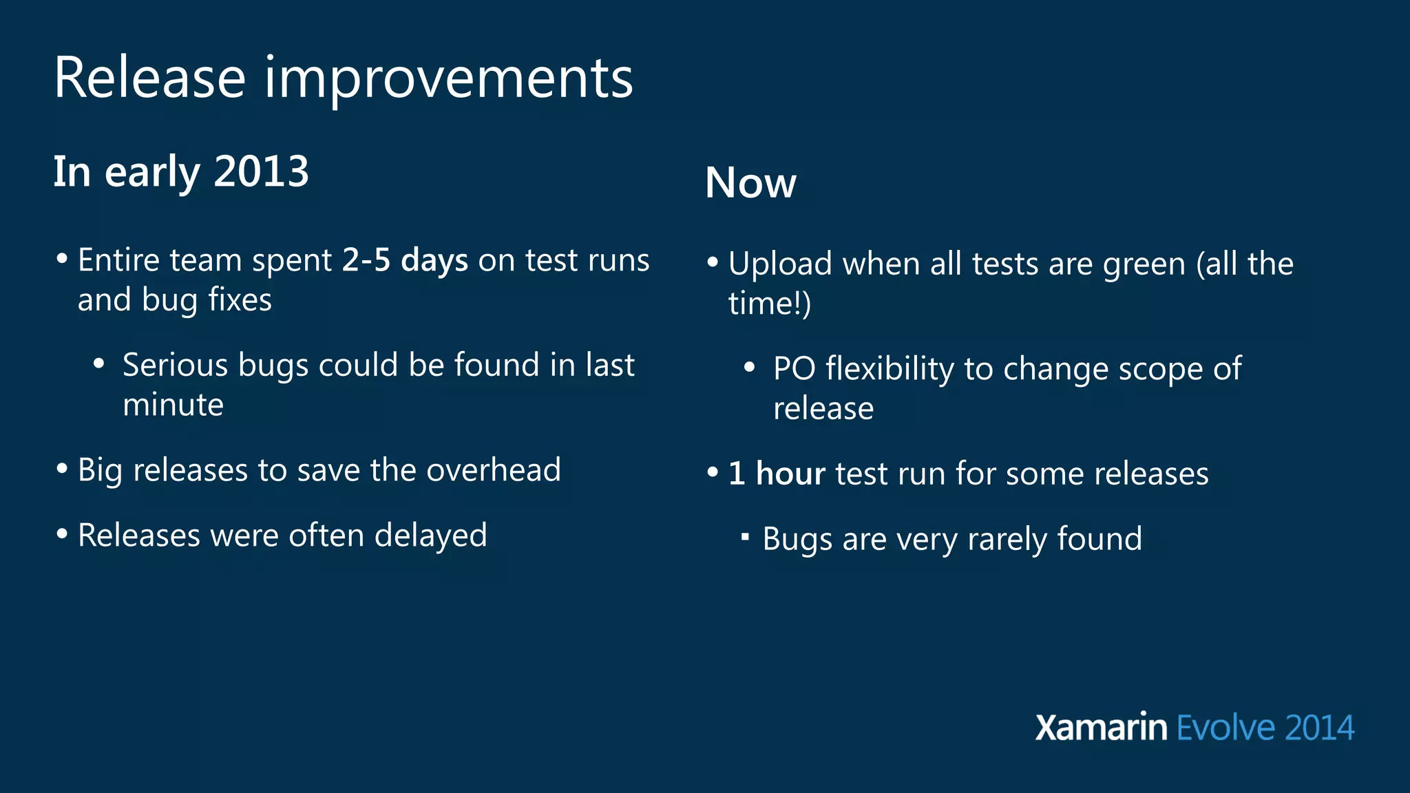 Release improvements 
In early 2013 Now 
• Entire team spent 2-5 days on test runs 
and bug fixes 
• Serious bugs could be found in last 
minute 
• Big releases to save the overhead 
• Releases were often delayed 
• Upload when all tests are green (all the 
time!) 
• PO flexibility to change scope of 
release 
• 1 hour test run for some releases 
■ Bugs are very rarely found 
 