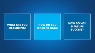 HOW DO YOU
SEGMENT DATA?
HOW DO YOU
MEASURE
SUCCESS?
WHAT ARE YOU
MEASURING?
 