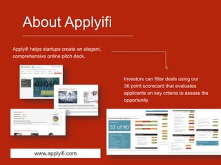 About Applyifi
______________________________________________________
Applyifi helps startups create an elegant,
comprehensive online pitch deck.
Investors can filter deals using our
36 point scorecard that evaluates
applicants on key criteria to assess the
opportunity
www.applyifi.com
 