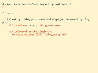 # rspec spec/features/creating_a_blog_post_spec.rb
F
Failures:
1) Creating a blog post saves and displays the resulting blog
post
Failure/Error: visit '/blog_posts/new'
ActionController::RoutingError:
No route matches [GET] "/blog_posts/new"
 