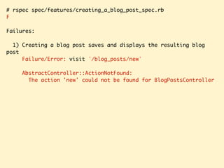 # rspec spec/features/creating_a_blog_post_spec.rb
F
Failures:
1) Creating a blog post saves and displays the resulting blog
post
Failure/Error: visit '/blog_posts/new'
AbstractController::ActionNotFound:
The action 'new' could not be found for BlogPostsController
 