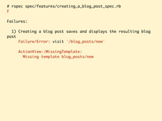 # rspec spec/features/creating_a_blog_post_spec.rb
F
Failures:
1) Creating a blog post saves and displays the resulting blog
post
Failure/Error: visit '/blog_posts/new'
ActionView::MissingTemplate:
Missing template blog_posts/new
 