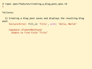 # rspec spec/features/creating_a_blog_post_spec.rb
F
Failures:
1) Creating a blog post saves and displays the resulting blog
post
Failure/Error: fill_in 'Title', with: 'Hello, World!'
Capybara::ElementNotFound:
Unable to find field "Title"
 