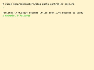 # rspec spec/controllers/blog_posts_controller_spec.rb
.
Finished in 0.03134 seconds (files took 1.46 seconds to load)
1 example, 0 failures
 