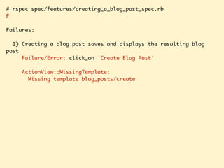 # rspec spec/features/creating_a_blog_post_spec.rb
F
Failures:
1) Creating a blog post saves and displays the resulting blog
post
Failure/Error: click_on 'Create Blog Post'
ActionView::MissingTemplate:
Missing template blog_posts/create
 