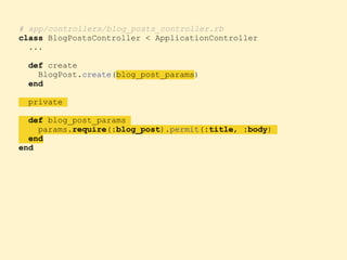 # app/controllers/blog_posts_controller.rb
class BlogPostsController < ApplicationController
...
def create
BlogPost.create(blog_post_params)
end
private
def blog_post_params
params.require(:blog_post).permit(:title, :body)
end
end
 