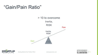 Proprietary and ConfidentialProprietary and Confidential
“Gain/Pain Ratio”
> 10 to overcome
Inertia,
RISK
21
Gain
Pain
>10
Inertia,
RISK
startupsecrets.comGetting Behind the Perfect Pitch
 