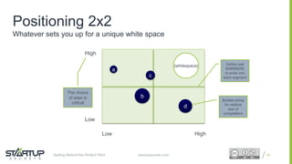 Proprietary and ConfidentialProprietary and Confidential
Positioning 2x2
Whatever sets you up for a unique white space
33
a
b
c
d
{whitespace}
Low
Low
High
High
The choice
of axes is
critical
Define real
BARRIERS
to enter into
each segment
Bubble sizing
for relative
size of
competitors
startupsecrets.comGetting Behind the Perfect Pitch
 
