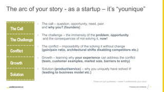 Proprietary and ConfidentialProprietary and Confidential
The arc of your story - as a startup – it’s “younique”
 The call – question, opportunity, need, pain
and why you? (founders)
 The challenge – the immensity of the problem, opportunity
and the consequences of not solving it, now!
 The conflict – impossibility of the solving it without change
(gain/pain ratio, architectural shifts disabling competitors etc.)
 Growth – learning why your experience can address the conflict
(team, customer examples, market size, barriers to entry)
 Solution (product/service) – why you uniquely have solved it!
(leading to business model etc.)
11
These are just guidelines – make it authentically your story!
 