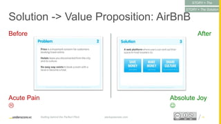 Proprietary and ConfidentialProprietary and Confidential
Solution -> Value Proposition: AirBnB
19
Before After
Acute Pain

Absolute Joy

startupsecrets.comGetting behind the Perfect Pitch
STORY = The
Conflict
STORY = The Solution
 
