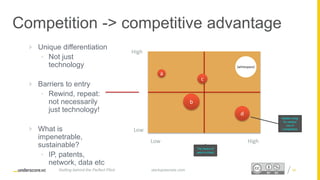Proprietary and ConfidentialProprietary and Confidential
Competition -> competitive advantage
 Unique differentiation
• Not just
technology
 Barriers to entry
• Rewind, repeat:
not necessarily
just technology!
 What is
impenetrable,
sustainable?
• IP, patents,
network, data etc
34startupsecrets.comGetting behind the Perfect Pitch
High
HighLow
Low
b
c
d
{whitespace}
Bubble sizing
for relative
size of
competitors
The choice of
axes is critical
a
 