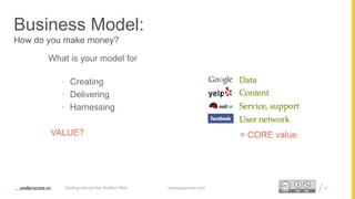Proprietary and ConfidentialProprietary and Confidential
Business Model:
How do you make money?
What is your model for
• Creating
• Delivering
• Harnessing
VALUE?
40startupsecrets.comGetting behind the Perfect Pitch
= CORE value
 