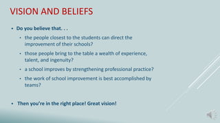 VISION AND BELIEFS
 Do you believe that. . .
• the people closest to the students can direct the
improvement of their schools?
• those people bring to the table a wealth of experience,
talent, and ingenuity?
• a school improves by strengthening professional practice?
• the work of school improvement is best accomplished by
teams?
 Then you’re in the right place! Great vision!
 