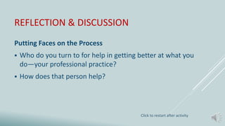 REFLECTION & DISCUSSION
Putting Faces on the Process
 Who do you turn to for help in getting better at what you
do—your professional practice?
 How does that person help?
Click to restart after activity
 