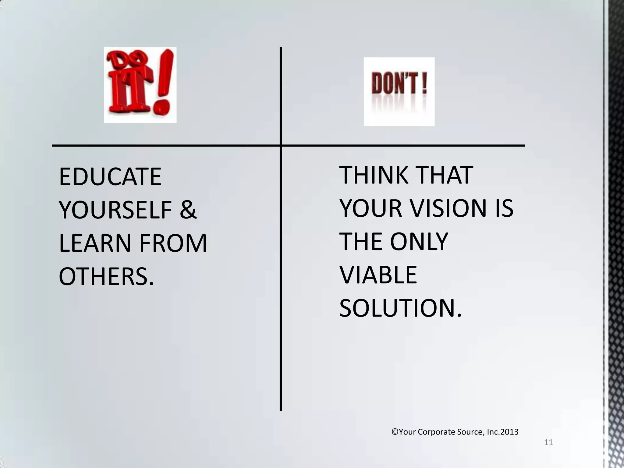 EDUCATE
YOURSELF &
LEARN FROM
OTHERS.

©Your Corporate Source, Inc.2013
11

 