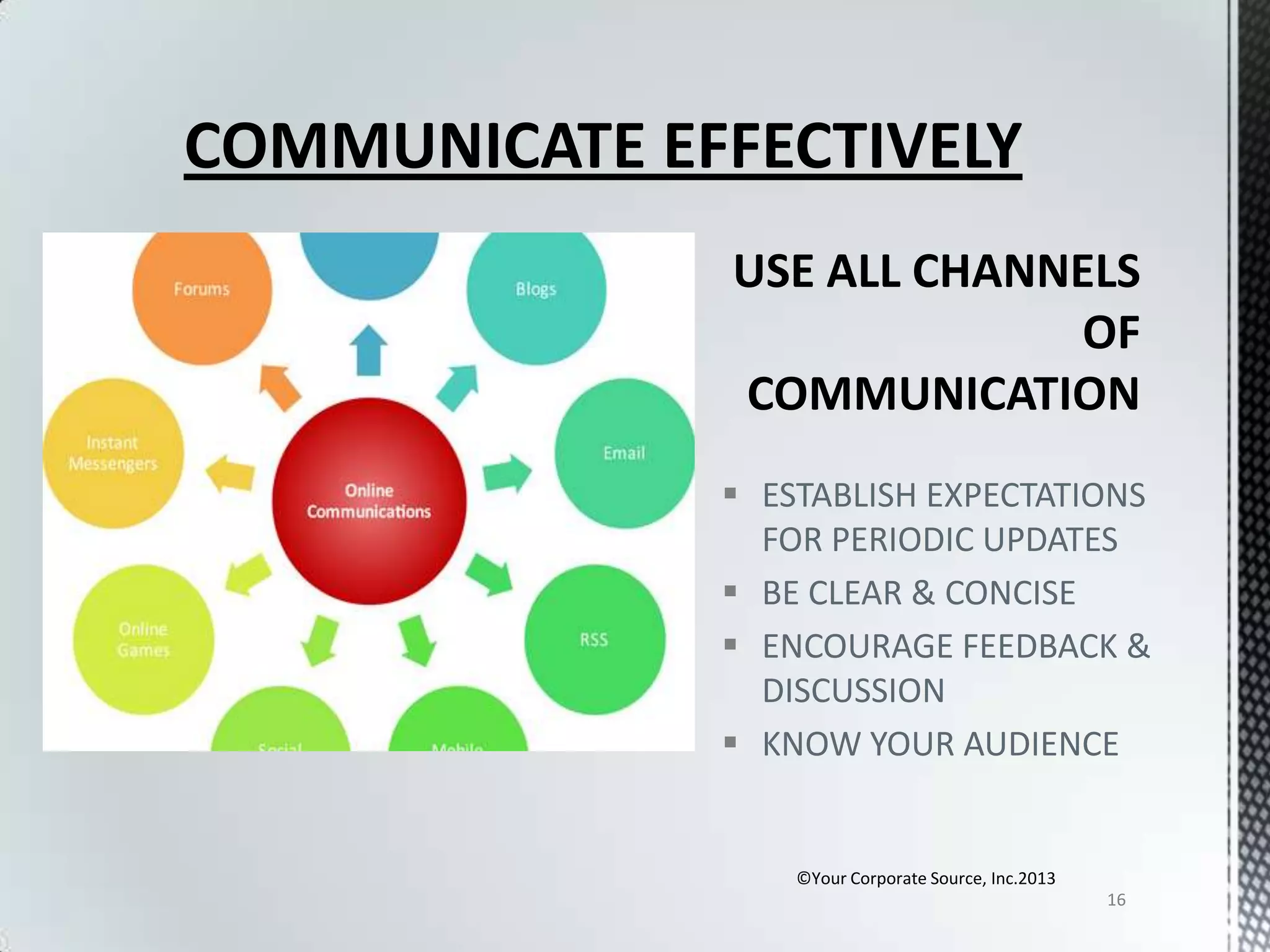 COMMUNICATE EFFECTIVELY

 ESTABLISH EXPECTATIONS
FOR PERIODIC UPDATES
 BE CLEAR & CONCISE
 ENCOURAGE FEEDBACK &
DISCUSSION
 KNOW YOUR AUDIENCE

©Your Corporate Source, Inc.2013
16

 