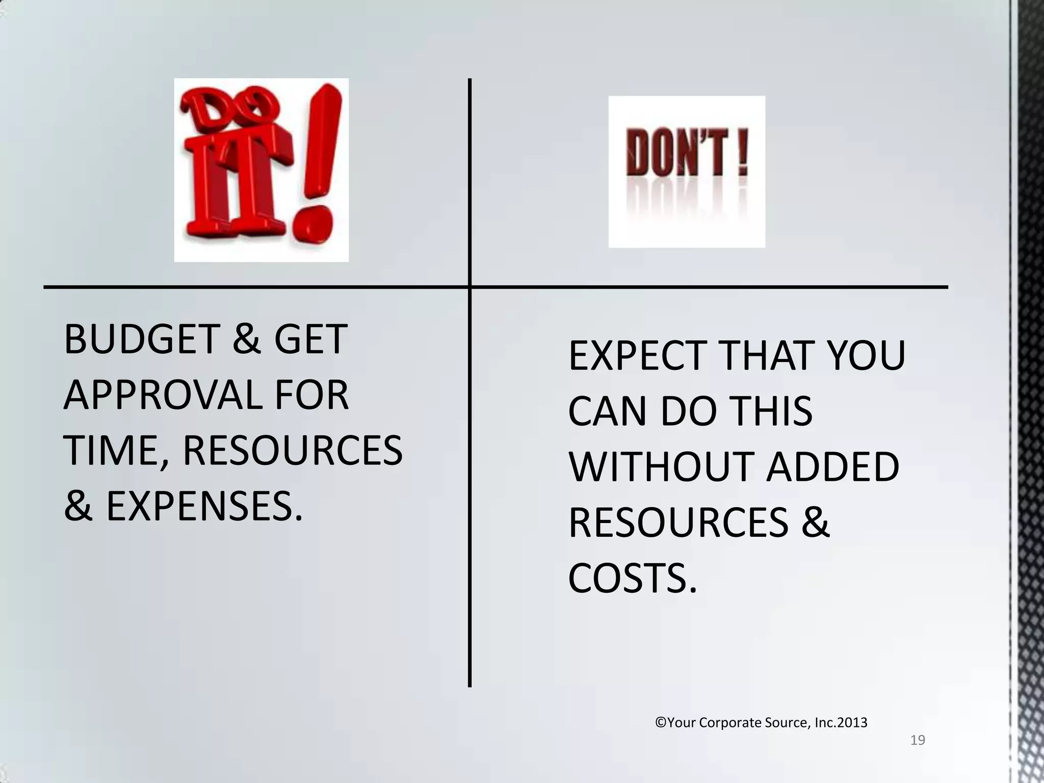 BUDGET & GET
APPROVAL FOR
TIME, RESOURCES
& EXPENSES.

©Your Corporate Source, Inc.2013
19

 