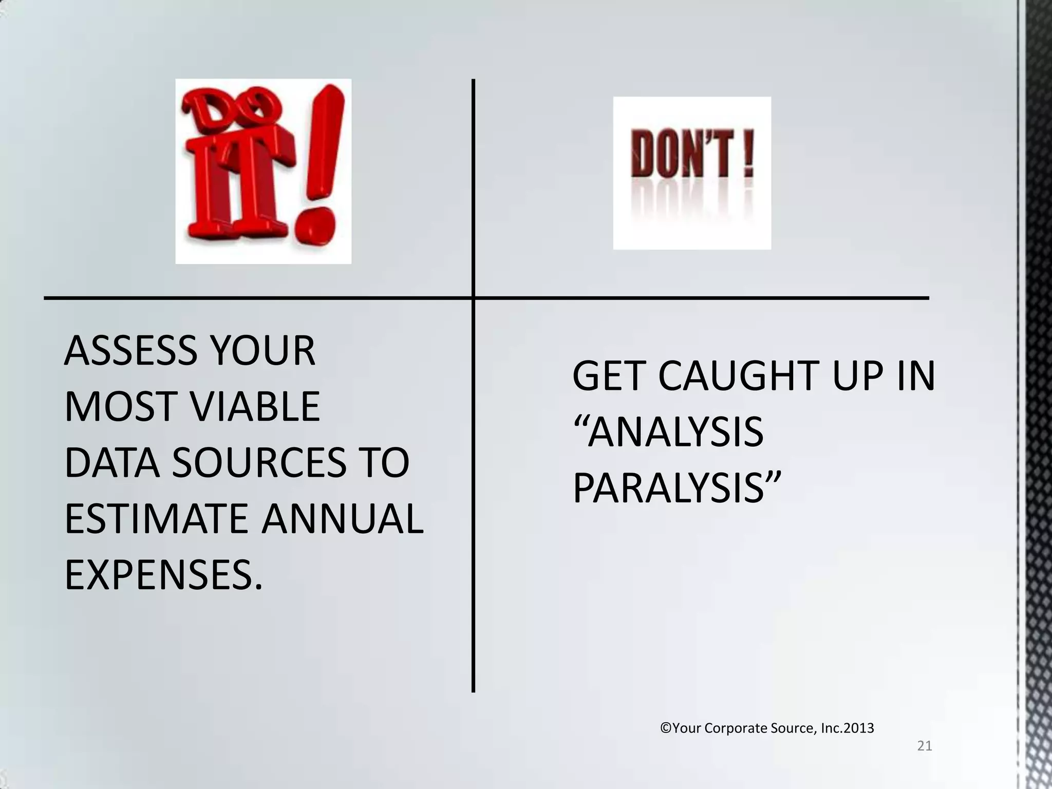 ASSESS YOUR
MOST VIABLE
DATA SOURCES TO
ESTIMATE ANNUAL
EXPENSES.

©Your Corporate Source, Inc.2013
21

 