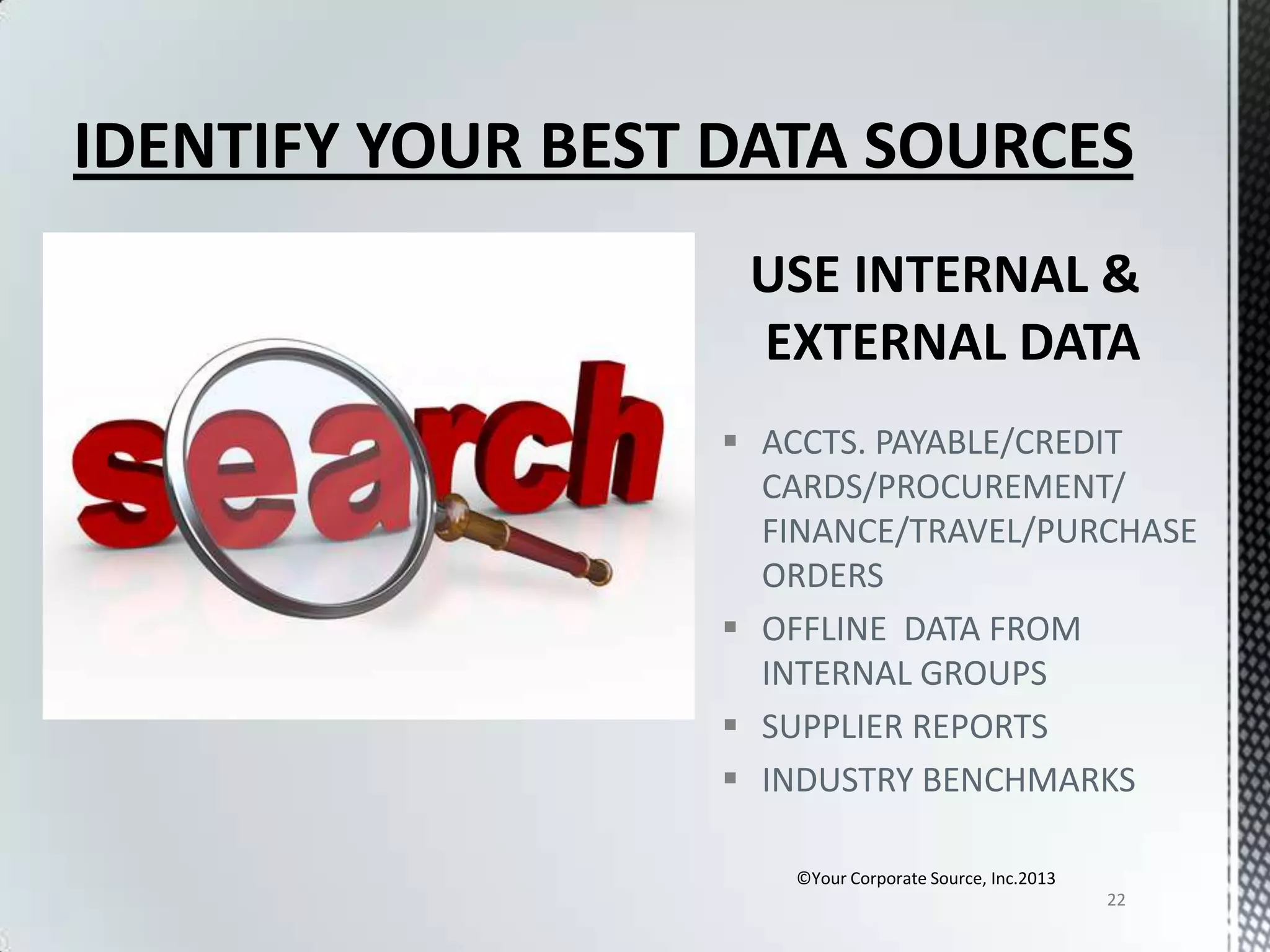 IDENTIFY YOUR BEST DATA SOURCES

 ACCTS. PAYABLE/CREDIT
CARDS/PROCUREMENT/
FINANCE/TRAVEL/PURCHASE
ORDERS
 OFFLINE DATA FROM
INTERNAL GROUPS
 SUPPLIER REPORTS
 INDUSTRY BENCHMARKS
©Your Corporate Source, Inc.2013
22

 