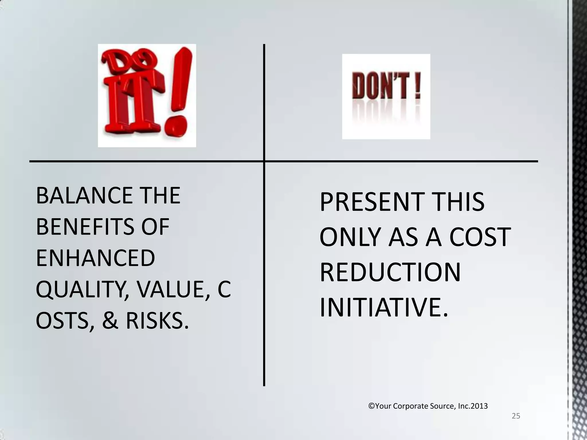 BALANCE THE
BENEFITS OF
ENHANCED
QUALITY, VALUE, C
OSTS, & RISKS.

©Your Corporate Source, Inc.2013
25

 