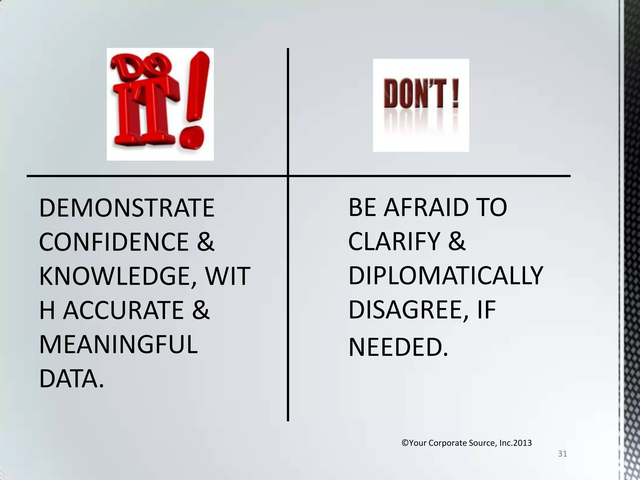 DEMONSTRATE
CONFIDENCE &
KNOWLEDGE, WIT
H ACCURATE &
MEANINGFUL
DATA.
©Your Corporate Source, Inc.2013
31

 