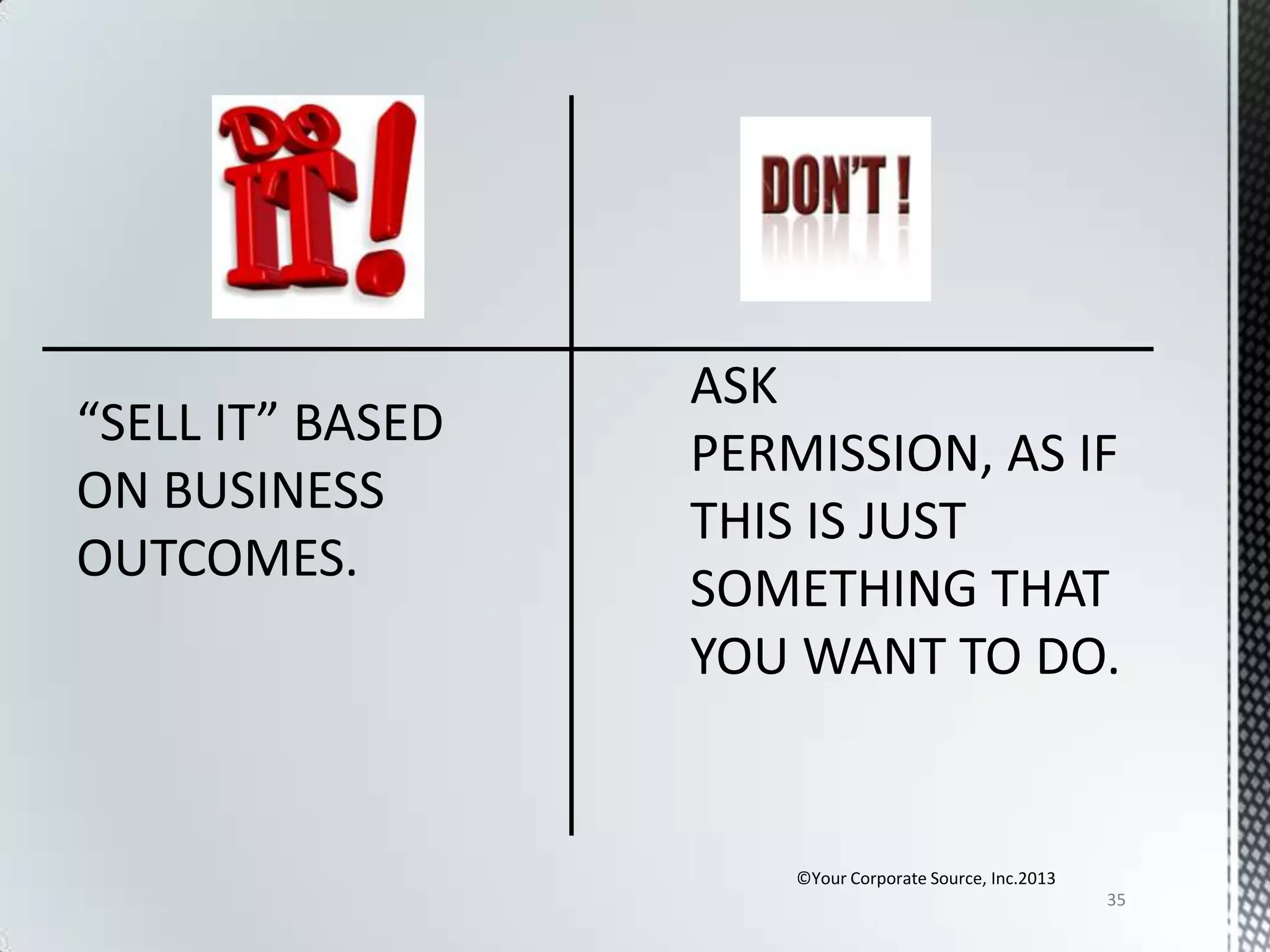 “SELL IT” BASED
ON BUSINESS
OUTCOMES.

©Your Corporate Source, Inc.2013
35

 