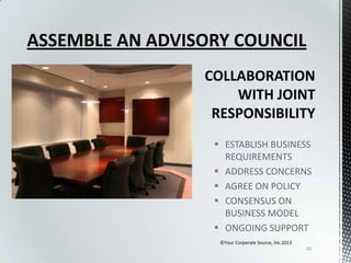 ASSEMBLE AN ADVISORY COUNCIL

 ESTABLISH BUSINESS
REQUIREMENTS
 ADDRESS CONCERNS
 AGREE ON POLICY
 CONSENSUS ON
BUSINESS MODEL
 ONGOING SUPPORT
©Your Corporate Source, Inc.2013
10

 