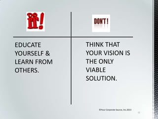 EDUCATE
YOURSELF &
LEARN FROM
OTHERS.

©Your Corporate Source, Inc.2013
11

 