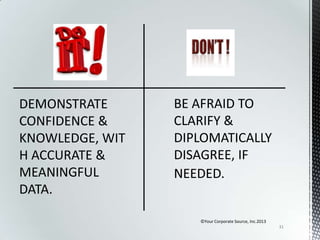 DEMONSTRATE
CONFIDENCE &
KNOWLEDGE, WIT
H ACCURATE &
MEANINGFUL
DATA.
©Your Corporate Source, Inc.2013
31

 