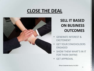 CLOSE THE DEAL

 GENERATE INTEREST &
EXCITEMENT
 GET YOUR STAKEHOLDERS
ENGAGED
 SHOW THEM WHAT’S IN IT
FOR THEM (WIFM)
 GET APPROVAL
©Your Corporate Source, Inc.2013
36

 