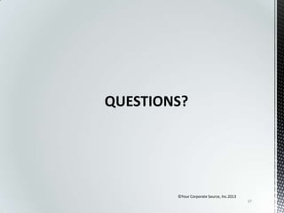 QUESTIONS?

©Your Corporate Source, Inc.2013
37

 